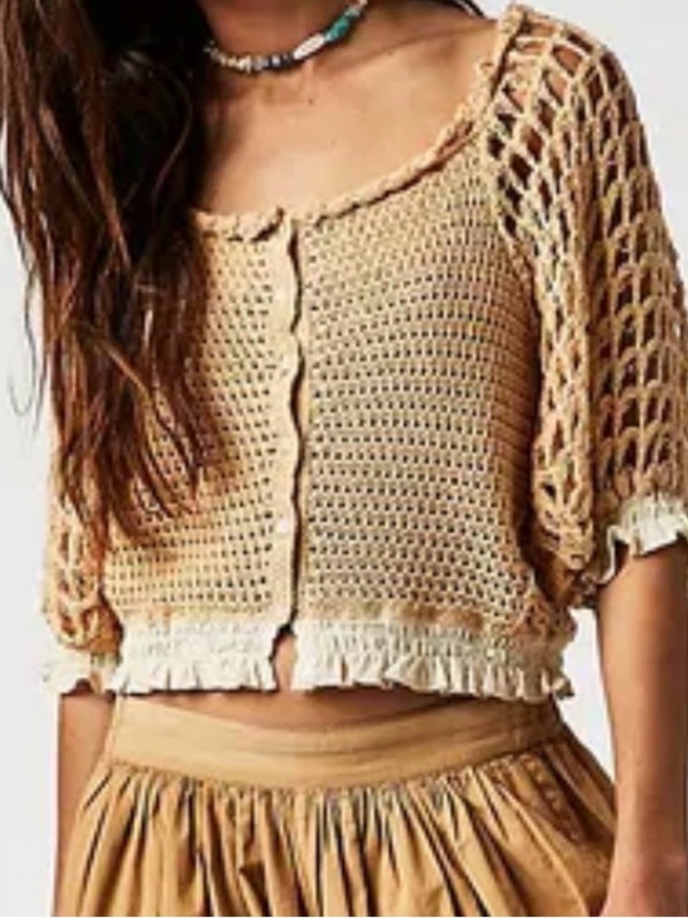Crochet Button-Front Crop Sweater in Tan